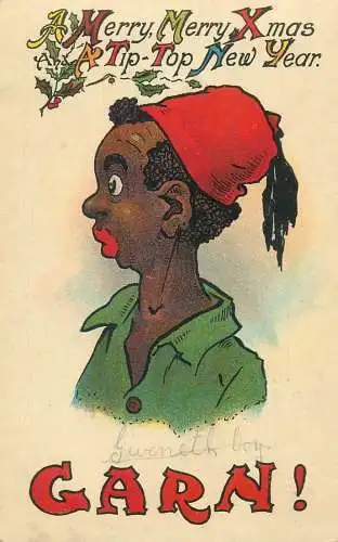 Merry Xmas a Tip-Top New Year Garn! boy british greetings national series postcard made in Great Britain No. 1859