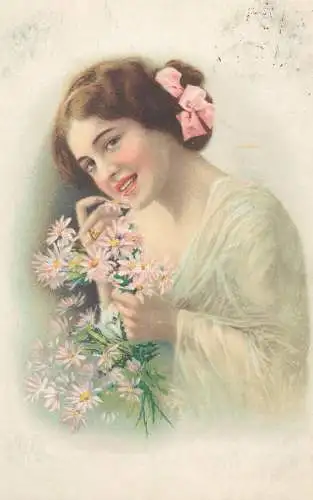 Fancy glamour lovely drawn lady with daisies chromo 1918 postcard