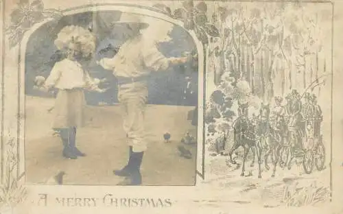 Children couple with pigeons scene Christmas 1905 greetings backnote Harold & Dorothy Hampstead to Harlesden good wishes
