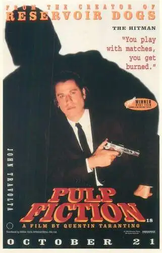 Cinema movie poster film advertising postcard John Travolta in Pulp Fiction a film by Quentin Tarantino