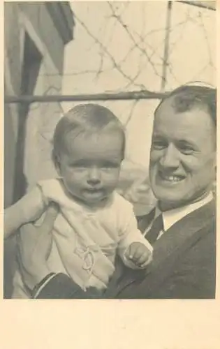 Postcard smiling father and his little baby 1936 family picture