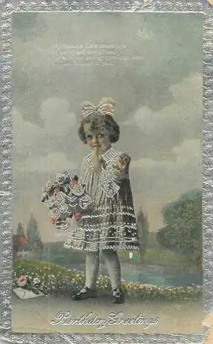 Enfants Birthday greetings Postcard cute girl with flower bouquet and fancy hair ribbon