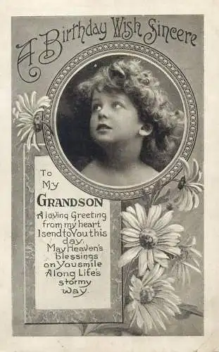 Enfants Sincere Birthday Wish greeting to my grandson Postcard cute boy curly hair