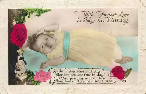 With Fondest Love for Baby's 1st Birthday Enfants embossed greetings Postcard cute toddler