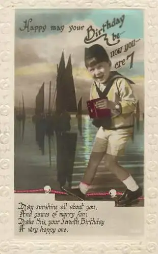 7th Birthday Greetings Enfants embossed Postcard cute boy smiling sailor costume