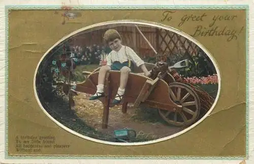 Birthday Greetings Enfants embossed Postcard cute boy on wheelbarrow