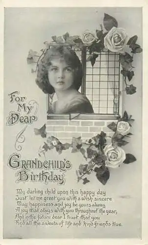 To my Grandchild's Birthday greetings Enfants Postcard charming girl roses floral design