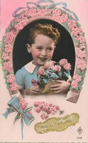 Greetings Enfants Postcard lovely smile charming boy horseshoe-shaped floral motif