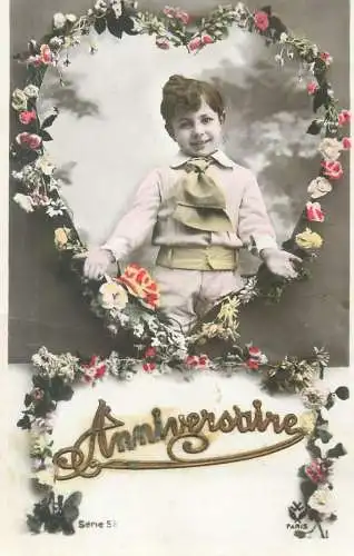 Anniversary Greetings Enfants Postcard elegant boy in heart-shaped floral ornament