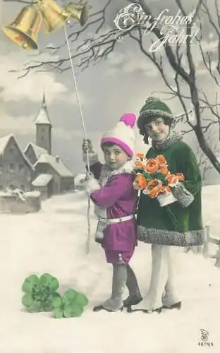 New Year Greeting Enfants Postcard lovely girl and boy bell ringing flower bouquet and four-leaf clover