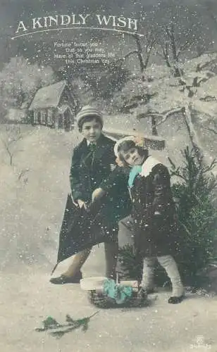 Christmas A kindly Wish Greeting Enfants Postcard lovely girl and boy carollers on snowy day