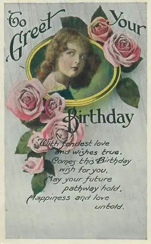 Birthday Wishes Enfants Postcard charming girl roses