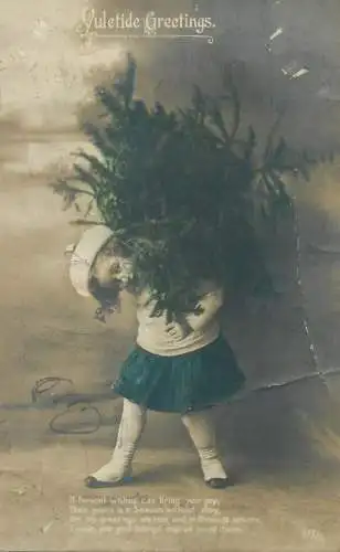 Christmas Yuletide Greetings Enfants Postcard charming girl carrying fir tree