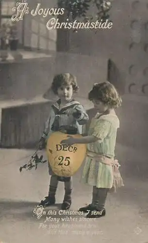 Joyous Christmastide Greetings Loving Enfants Postcard lovely boy and girl brothers