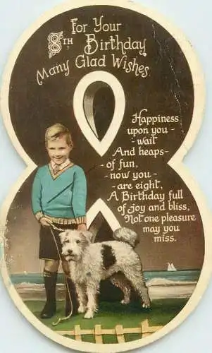 8th Birthday Wishes greetings enfants Postcard young boy with fox terrier dog