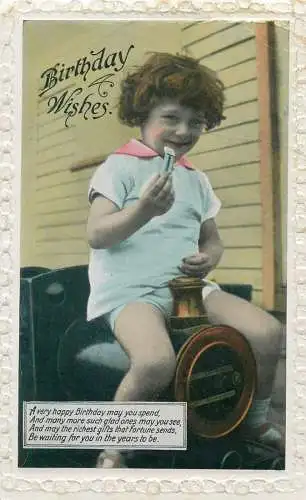 Birthday Wishes greetings enfants embossed Postcard young boy on toy train locomotive