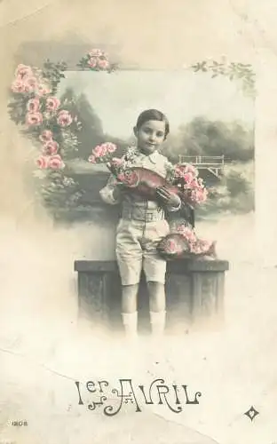 April 1st greetings enfants Postcard young boy with fish