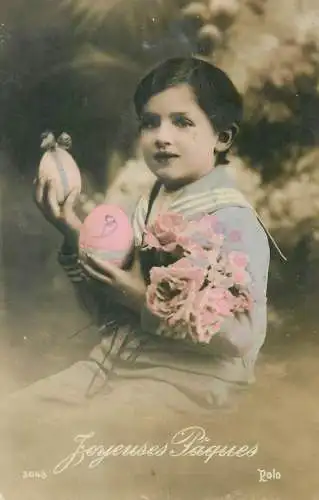 Joyeuses Paques greetings enfants Postcard young boy with pencilled eggs