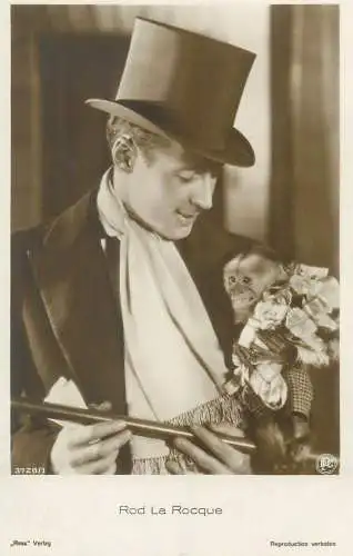 Actor card Rod la Rocque monkey hat smile joy portrait beauty gaze elegance postcard
