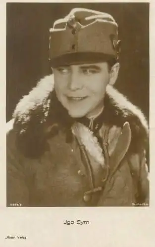 Actor card Jgo Sym uniform hat fur 1928 smile joy portrait beauty gaze elegance postcard