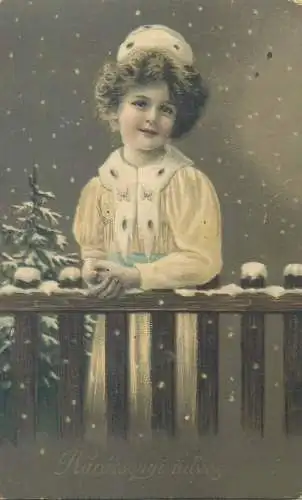 Greetings Karacsonyi udvogle winter scene costume happy days smile innocence beauty joy postcard