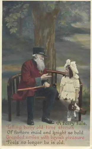 Greetings girl and grandpa in Saxony doll military uniform costume happy days smile innocence beauty joy postcard