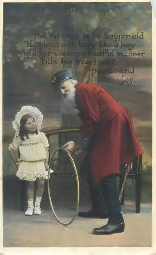 Greetings girl and grandpa in Saxony ring military uniform costume happy days smile innocence beauty joy postcard