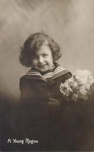 Greetings a young rogue flower navy costume happy days smile innocence beauty joy postcard