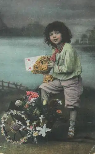 Greetings 1908 flower cart elegance letter costume happy days smile innocence beauty joy postcard