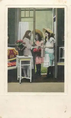 Greetings1912 girls dressed up hats elegance costume happy days smile innocence beauty joy postcard
