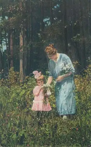 Greetings Mother and child picking flowers 1933 costume happy days smile innocence beauty joy postcard