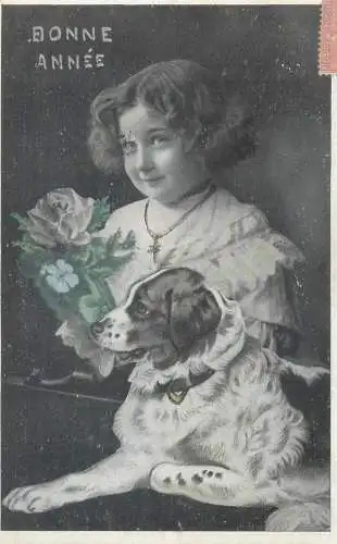 Greetings Bonne Annee girl with dog flower 1906 costume happy days smile innocence beauty joy postcard