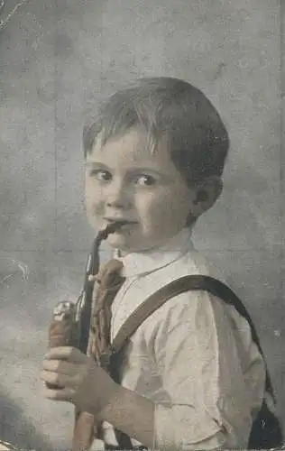Greetings 1918 boy with pipe costume happy days smile innocence beauty joy postcard
