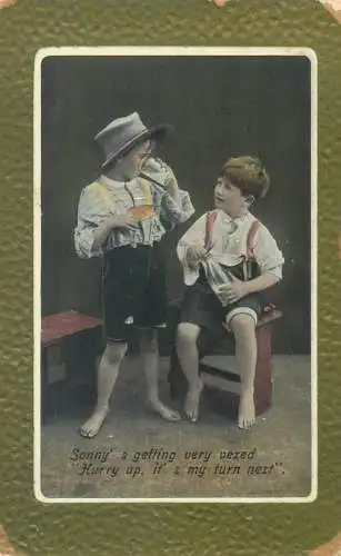 Greetings Sonny's getting very vexed costume happy days smile innocence beauty joy postcard