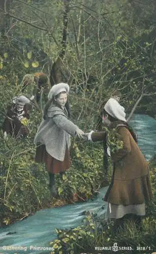 Greetings Gathering Primroses  river scene happy days smile innocence beauty joy postcard