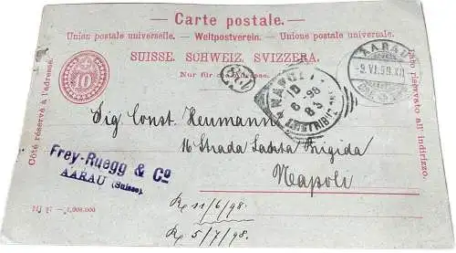 Suisse carte postale 1898 Aarau Frey-Ruegg & Co. to Napoli correspondence Const. Herrmann