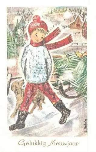 Holiday New Year Gelukkig Nieuwjaar child in street with dog sled winter L. Dobon 1973 postcard