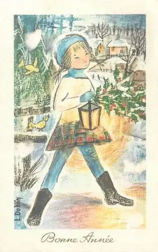 Holiday New Year Bonne Annee L. Dobon girl with a lamp in town street winter birds postcard