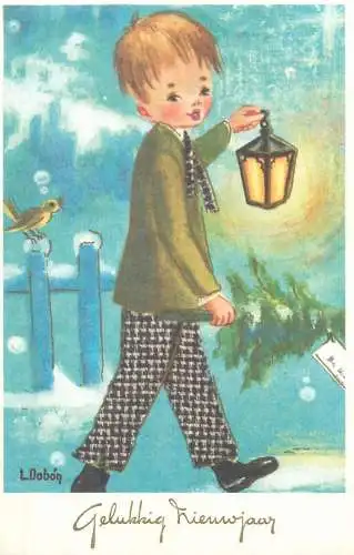 Holiday New Year Gelukkig Nieuwjaar boy with lamp bird joy happy fun Belgium L. Dobon 1977 postcard
