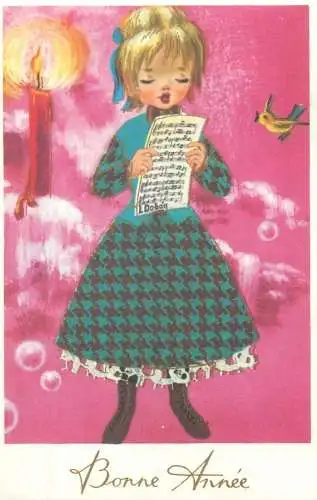 Holiday New Year Bonne Annee girl singing joy happy fun Belgium L. Dobon 1977 postcard