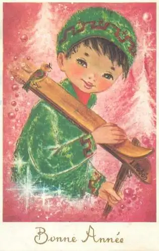 Holiday New Year Bonne Annee ski bird joy happy fun Belgium L. Dobon 1977 postcard