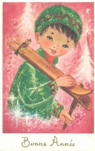 Holiday New Year Bonne Annee ski bird joy happy fun Belgium L. Dobon 1988 postcard