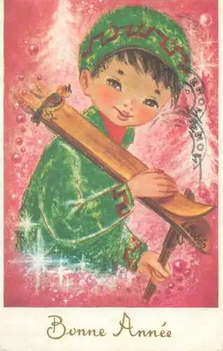 Holiday New Year Bonne Annee ski bird joy happy fun Belgium L. Dobon postcard