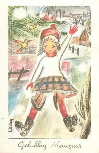 Holiday New Year Gelukkig Niewjaar girl on a sled winter sport joy happy fun Belgium L. Dobon 1978 postcard