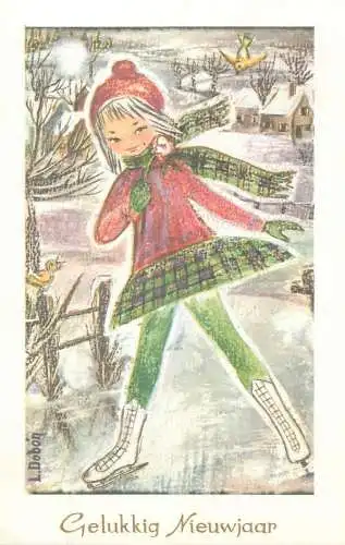 Holiday postcard New Year Gelukkig Nieuwjaar ice skater Belgium L. Dobon postcard