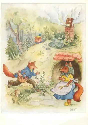 Humanized funny nutcracker squirell & bird caricature comic artist signed BERT postcard printed in Switzerland
