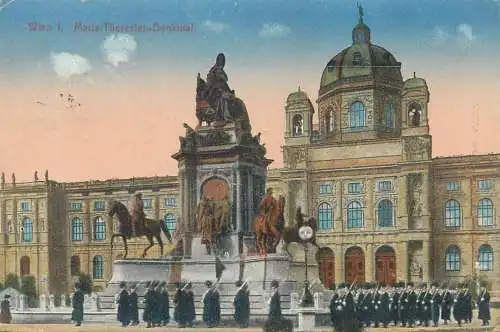 Postcard Austria Wien Maria-Theresien Denkmal military corps parade
