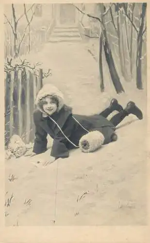 Postcard young girl winter scenery bonheur