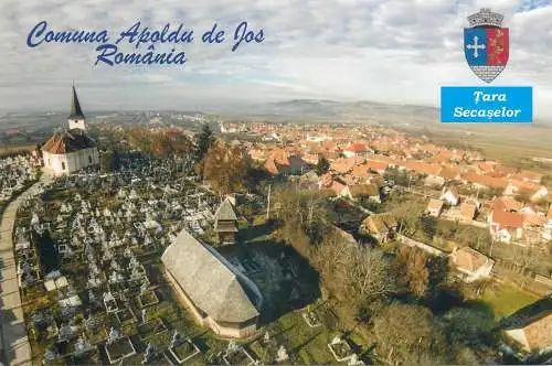 Romania Tara Secaslor Apoldu de Jos Sibiu panorama church & cemetery postcard