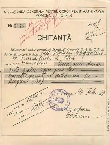 Romania chitanta directiunea generala pentru ocrotirea si ajutorarea personalului C.F.R. 1939